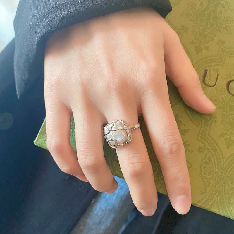 Baroque Square Pearl Adjustable Sterling Silver Ring