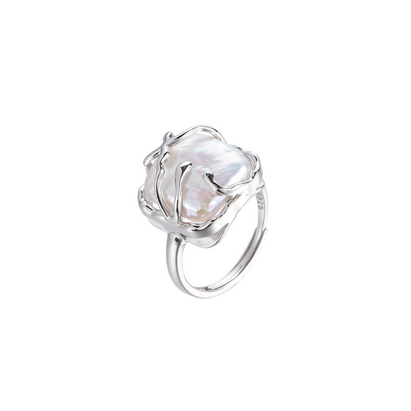 Baroque Square Pearl Adjustable Sterling Silver Ring