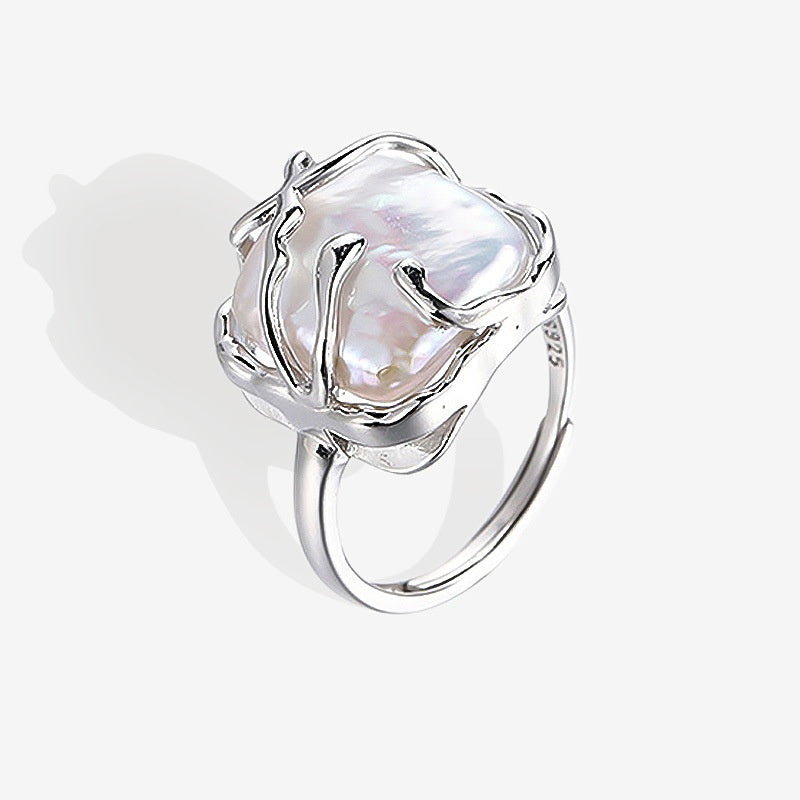 Baroque Square Pearl Adjustable Sterling Silver Ring