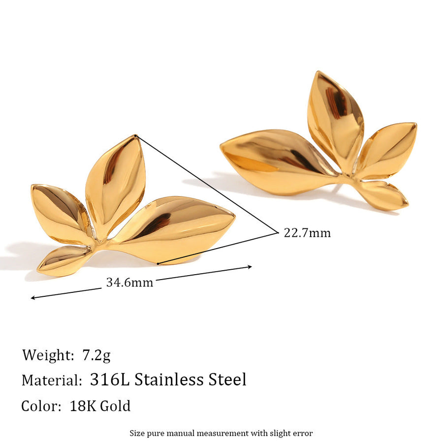 Fashion Leaf Flower Stainless Steel 18K Gold Plated Stud Earrings
