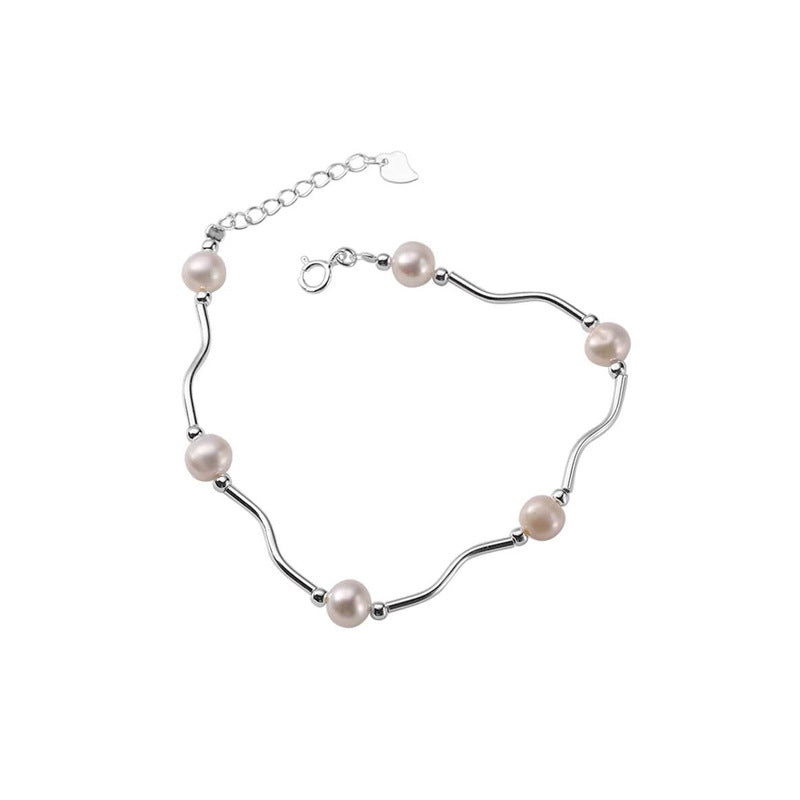 S925 Silver Freshwater Pearl Wave Bangle