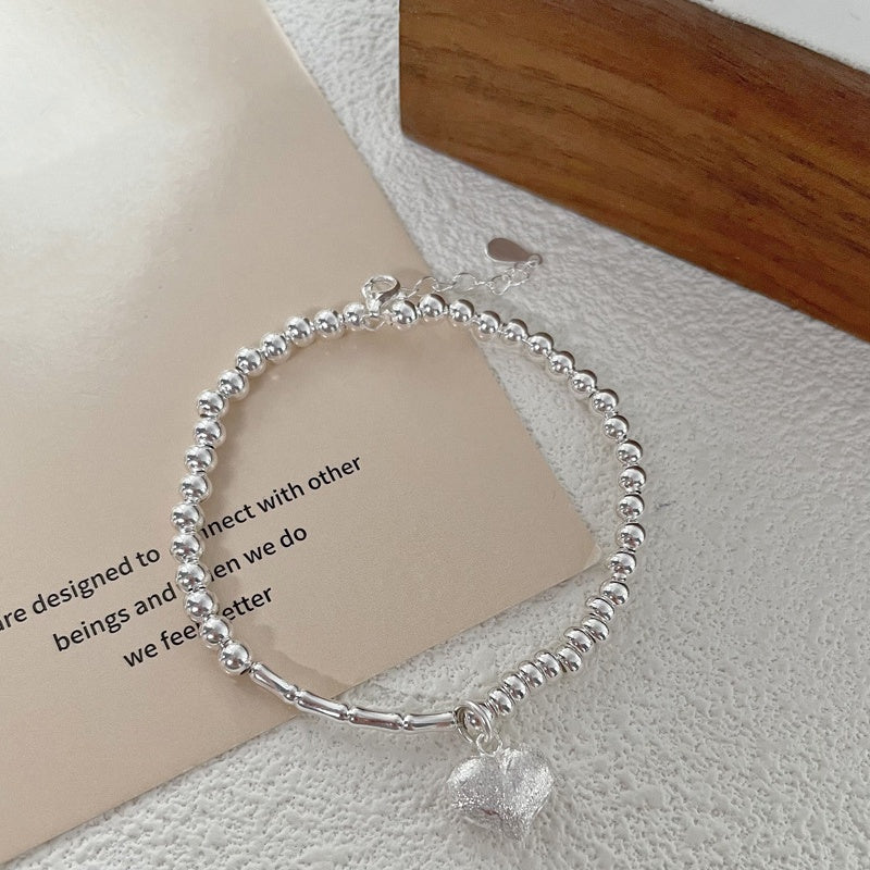 S925 Silver Matte Heart & Beaded Bracelet