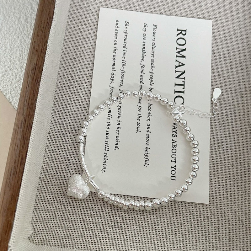 S925 Silver Matte Heart & Beaded Bracelet