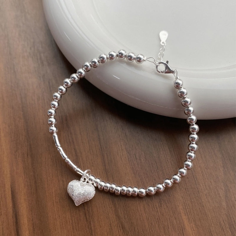 S925 Silver Matte Heart & Beaded Bracelet