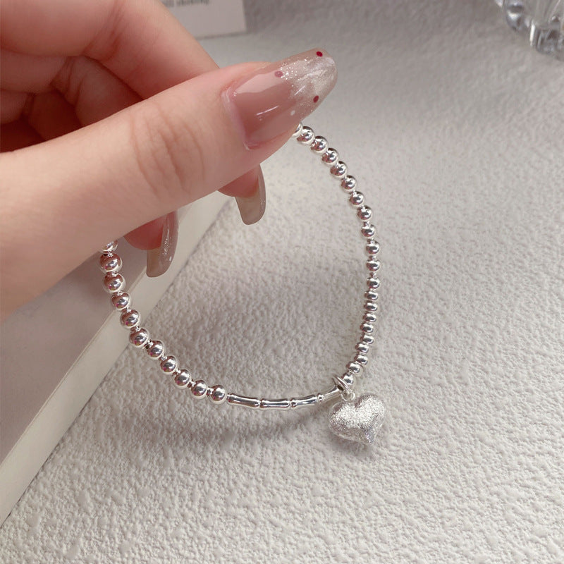 S925 Silver Matte Heart & Beaded Bracelet