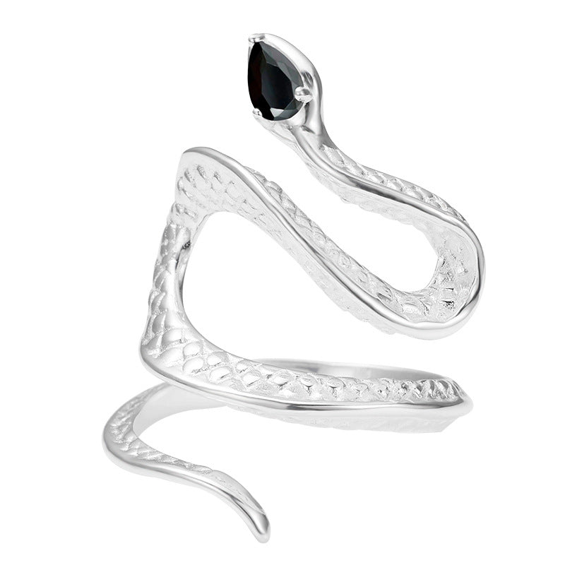 Twisted Silver Snake Ring with Black Zircon