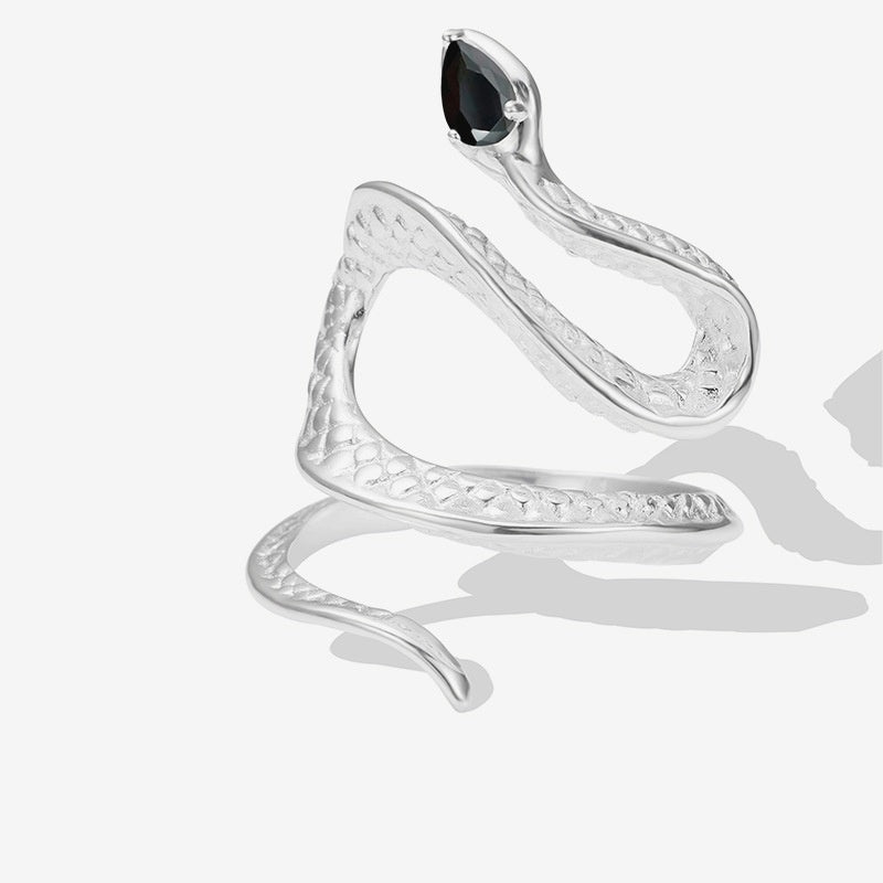 Twisted Silver Snake Ring with Black Zircon