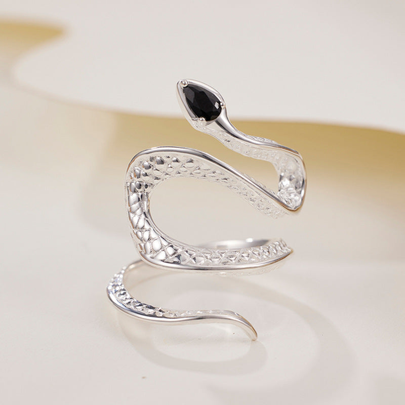 Twisted Silver Snake Ring with Black Zircon