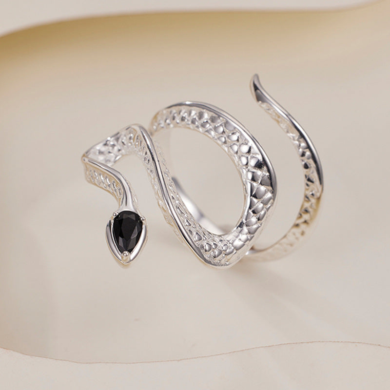 Twisted Silver Snake Ring with Black Zircon