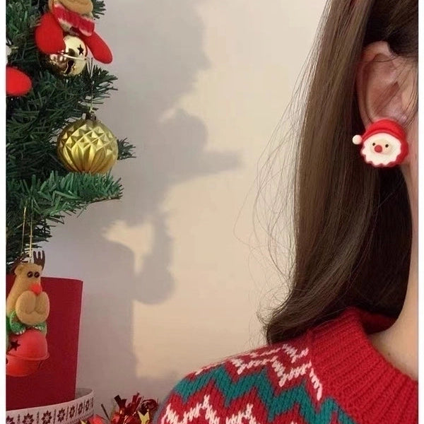 Cute Christmas Stud Earrings ~ Cartoon Santa Claus Elk Gingerbread Man Ear Clip Sweet Girl Sterling Silver Needle Earrings