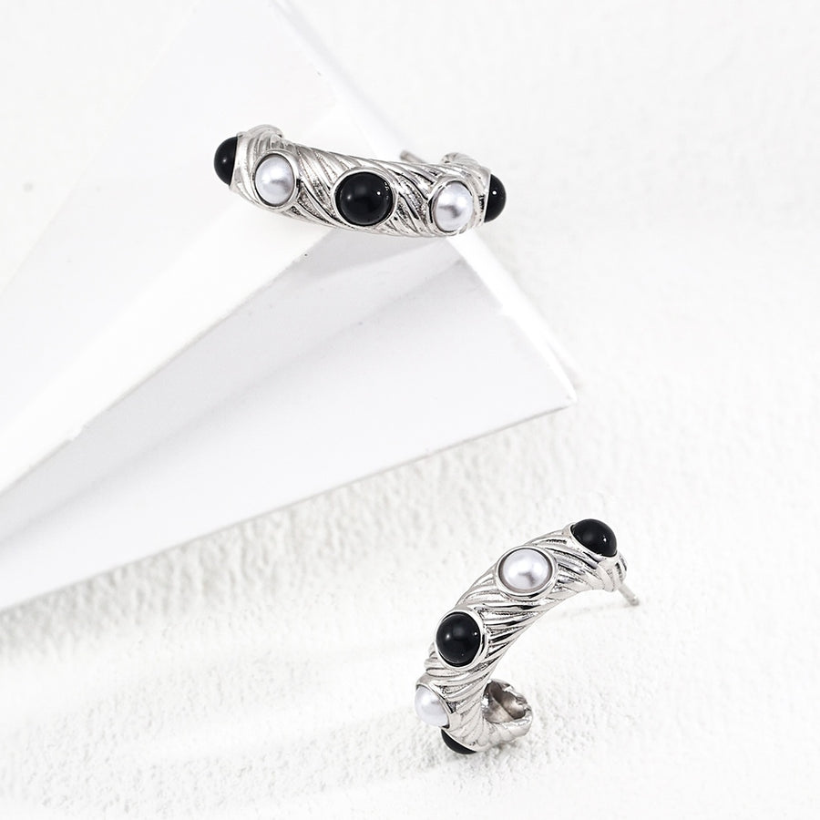 Vintage S925 Silver Natural Pearl & Black Onyx Earrings