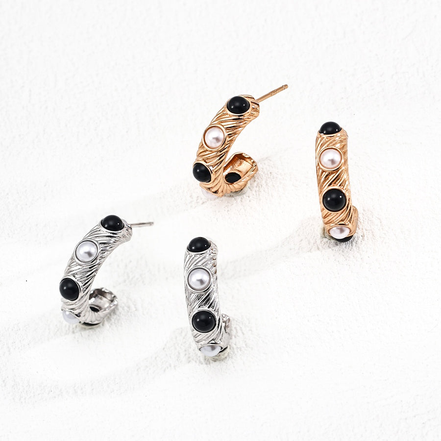 Vintage S925 Silver Natural Pearl & Black Onyx Earrings